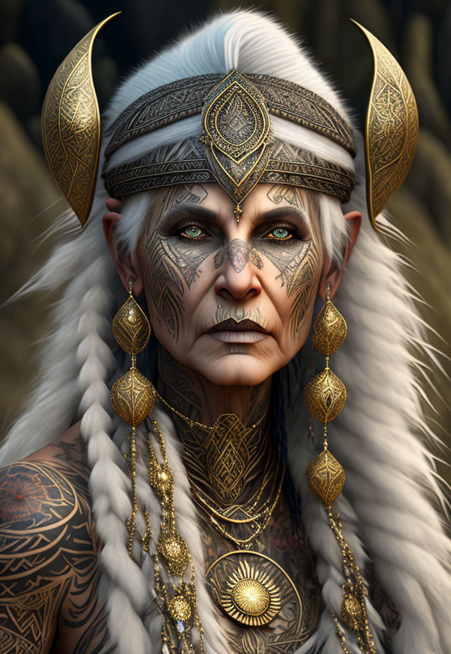 Elder woman with white hair and facial tattoos in ornate golden jewelry