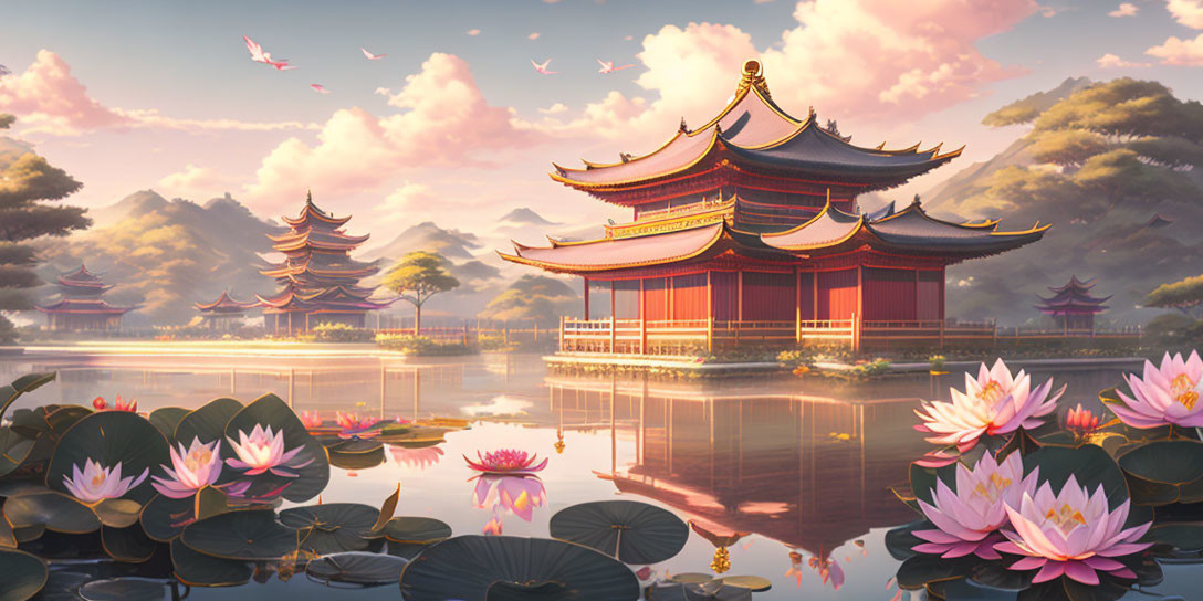 Scenic Asian pavilions near lake with lotus flowers, lush greenery, and mountains under