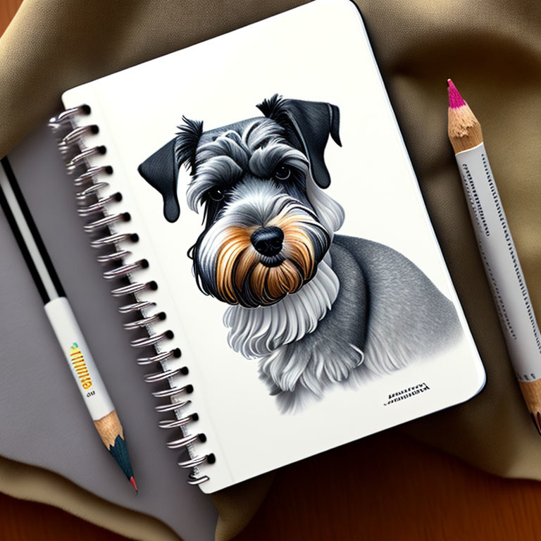 Detailed Schnauzer Dog Sketch on Spiral Notebook with Pencil and Marker