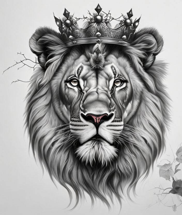 Detailed monochrome lion head with royal crown and floral background