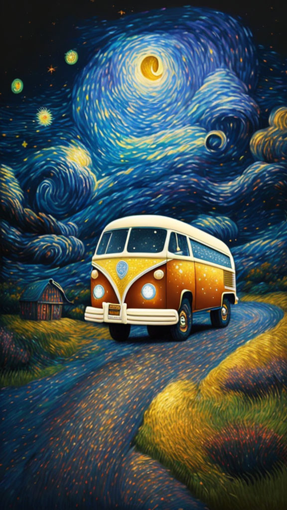 Stylized vintage van on road under swirling starry sky with small cabin.