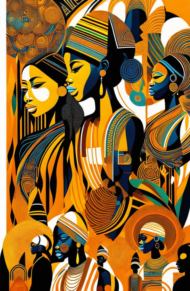 Vibrant profiled figures with intricate patterns in warm tones