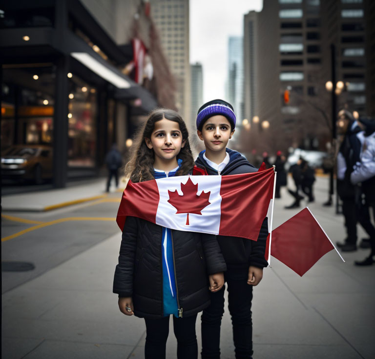 Children holding Canadian flag in city setting.