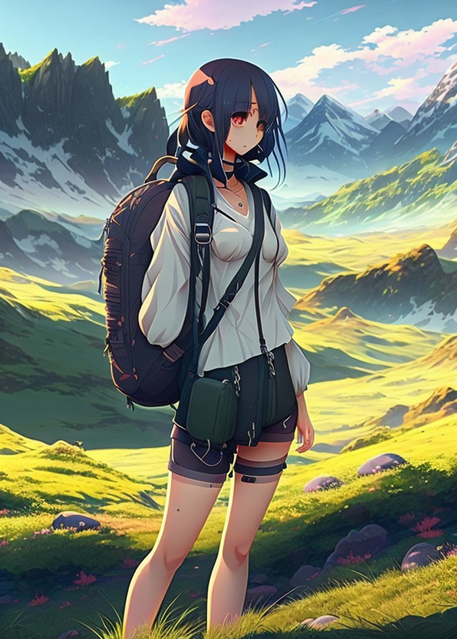 Female Anime Character in Meadow with Large Backpack & Mountains