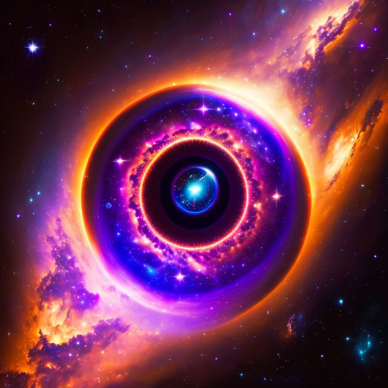 Colorful cosmic image: black hole with swirling purple and orange rings in deep space.