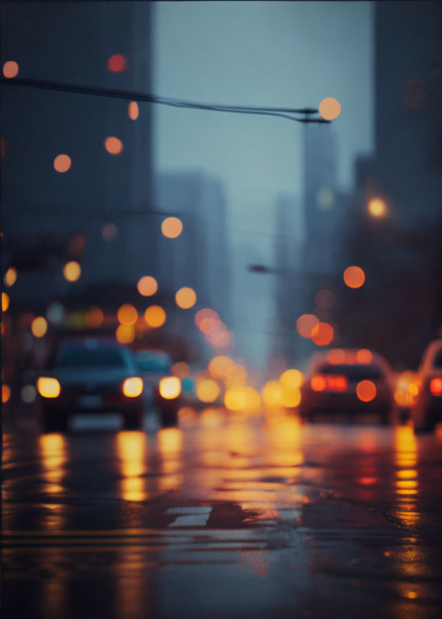 Rainy evening city street with glistening wet pavement and blurred lights.