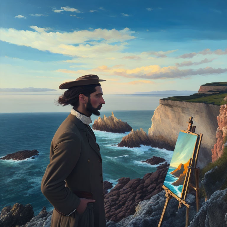 Beret-wearing artist paints cliff and ocean scenery