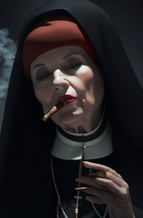 Stern nun smoking cigar with cross necklace in dim lighting