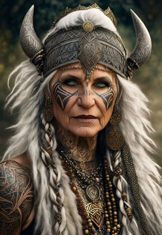 Woman in Elaborate Tribal Makeup and Headdress with Horns, Beads, and Tattoos