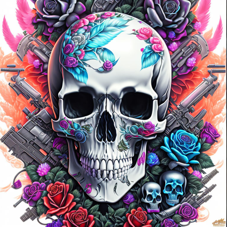 Vibrant skull and rose illustration with rifles in the background