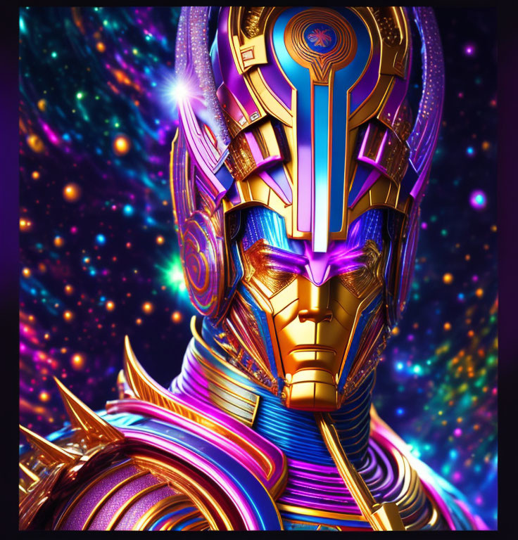 Futuristic robotic figure with golden helmet in cosmic setting