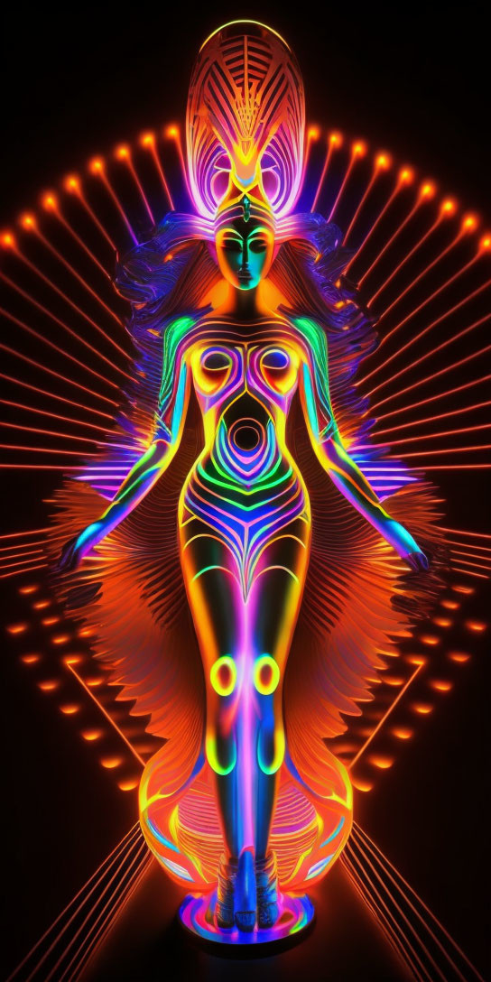 Stylized female figure with neon lights and radiant patterns