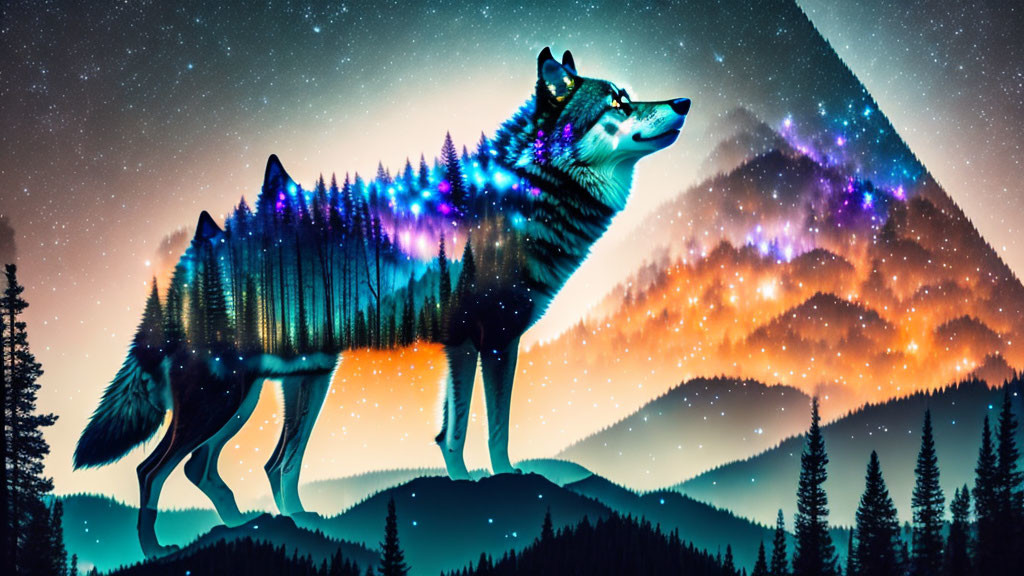 Double exposure: Wolf merges with starry sky & forested mountains