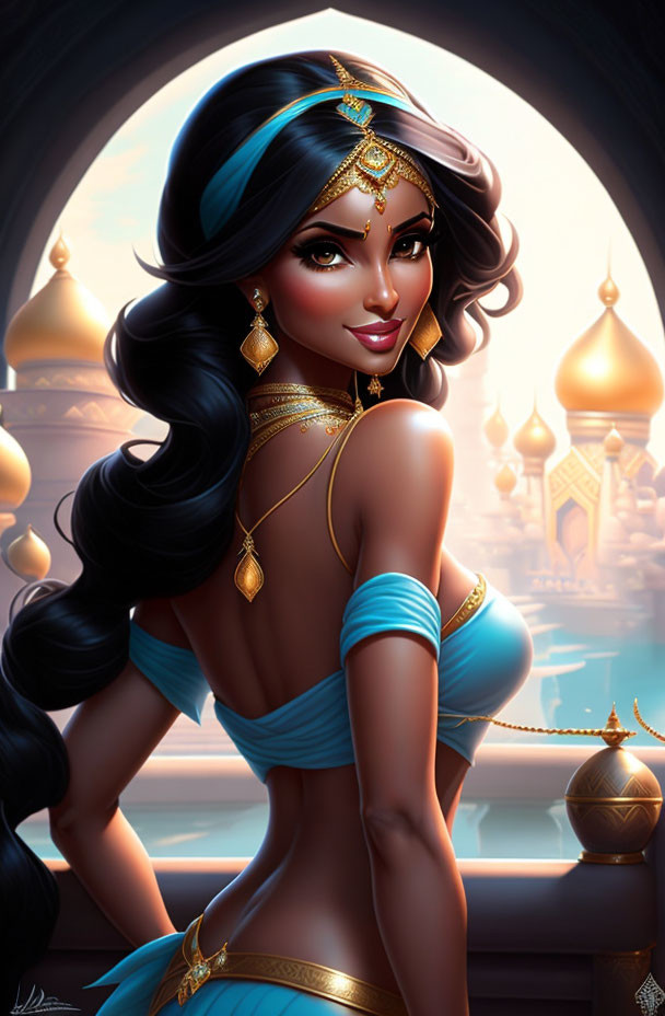 Illustrated woman with black hair in blue attire and gold jewelry against Arabian palace.