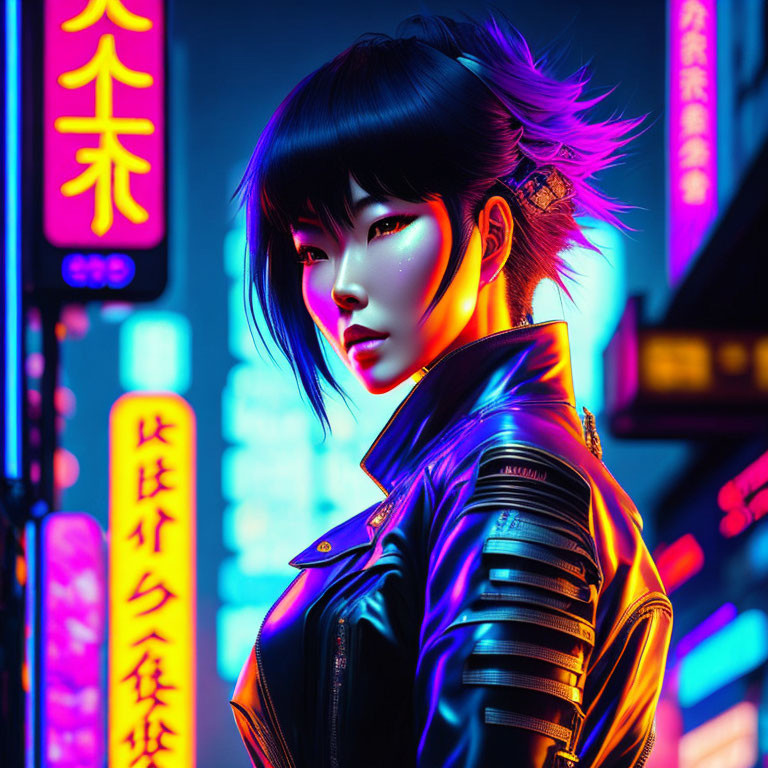 Digital Artwork: Woman with Purple Hair and Neon Face Paint in Urban Setting