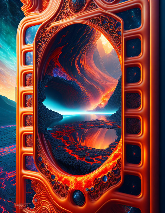 Orange Frame Surrounds Surreal Volcanic Landscape View