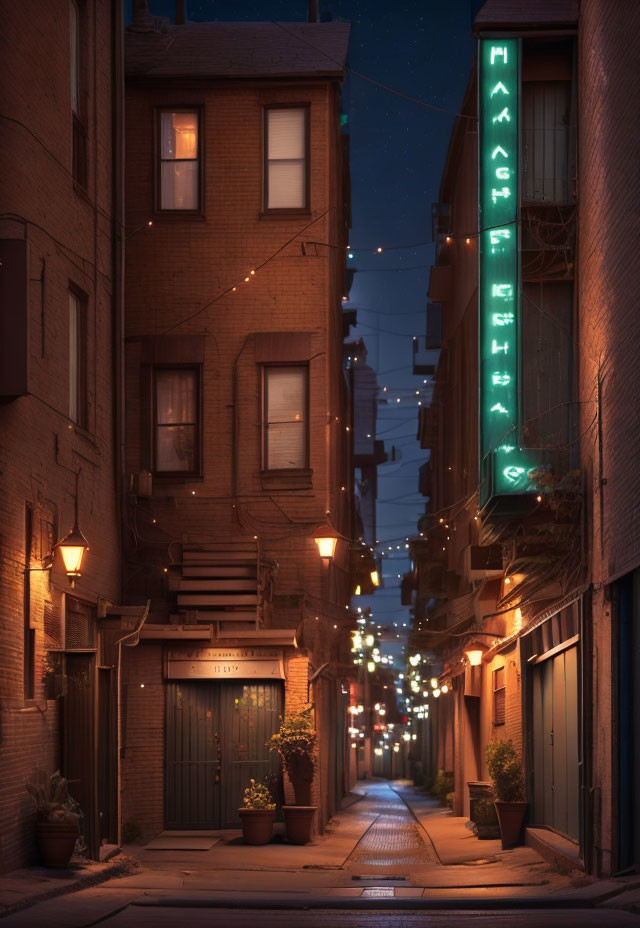 Nighttime alley with glowing lights and neon sign by old brick buildings