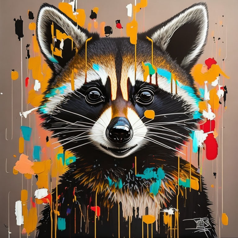 Vibrant graffiti-style raccoon painting on grey background