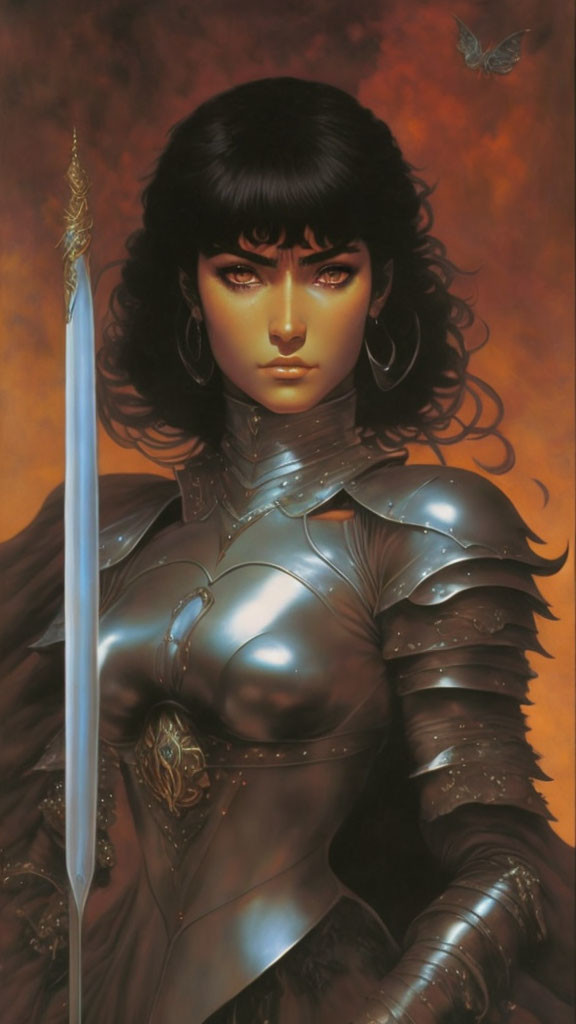 Illustrated female warrior with dark hair in silver armor wields blue sword amidst butterflies.