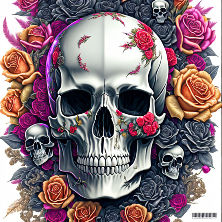 Colorful Skull and Roses Digital Illustration on White Background