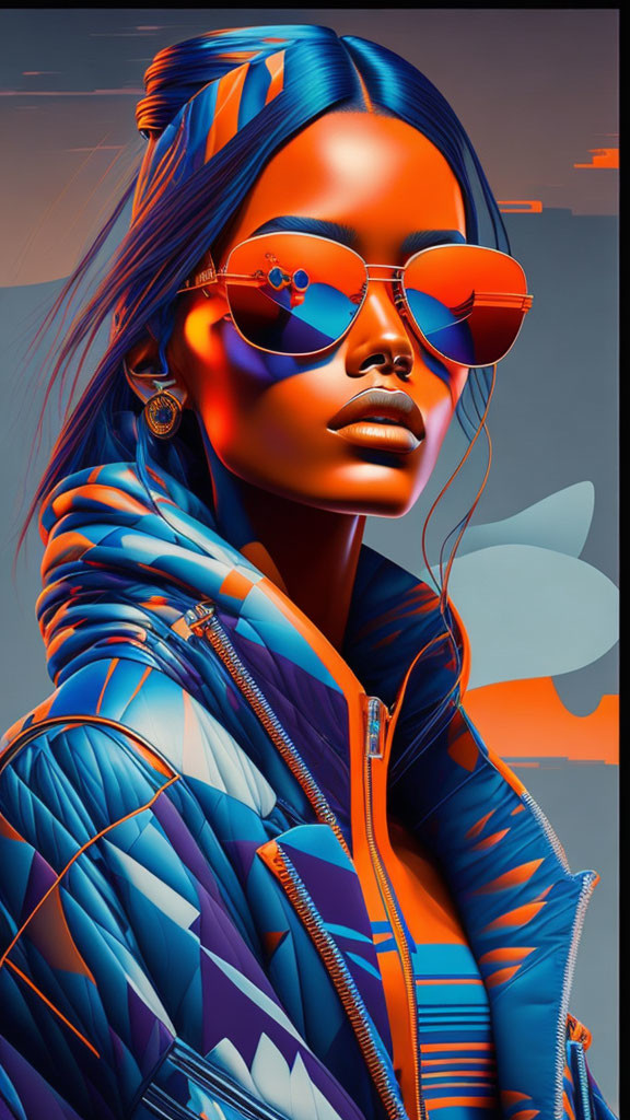 Digital Artwork: Woman with Glowing Skin, Red Shades, Blue High-Collar Jacket