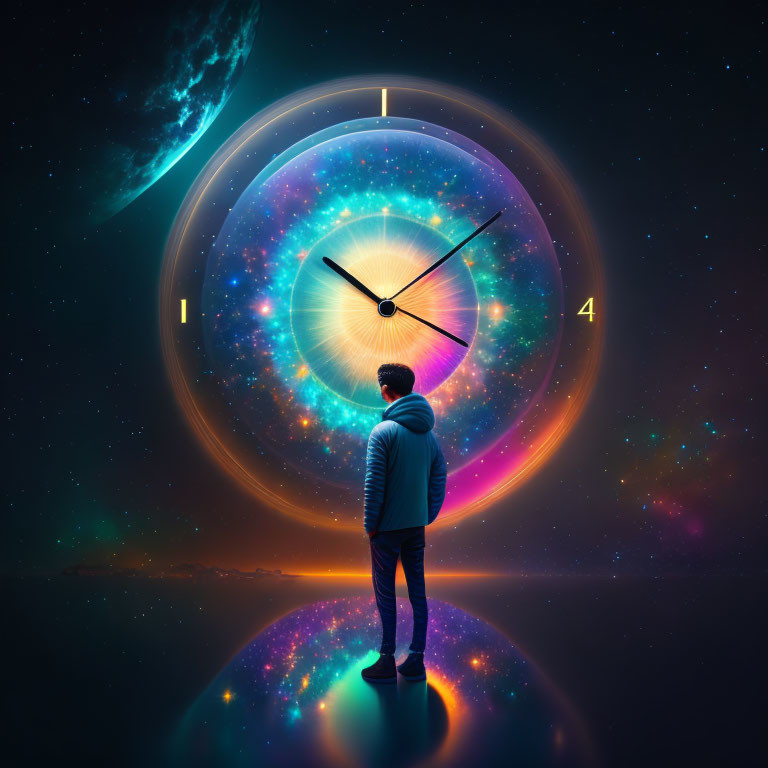 Person standing before massive glowing clock face with cosmic visuals