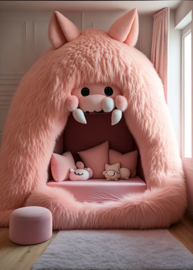 Pink Furry Monster Chair with Large Eyes and Fangs