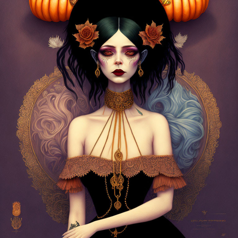 Stylized illustration of woman with pale skin, dark makeup, blue hair, ornate orange-black