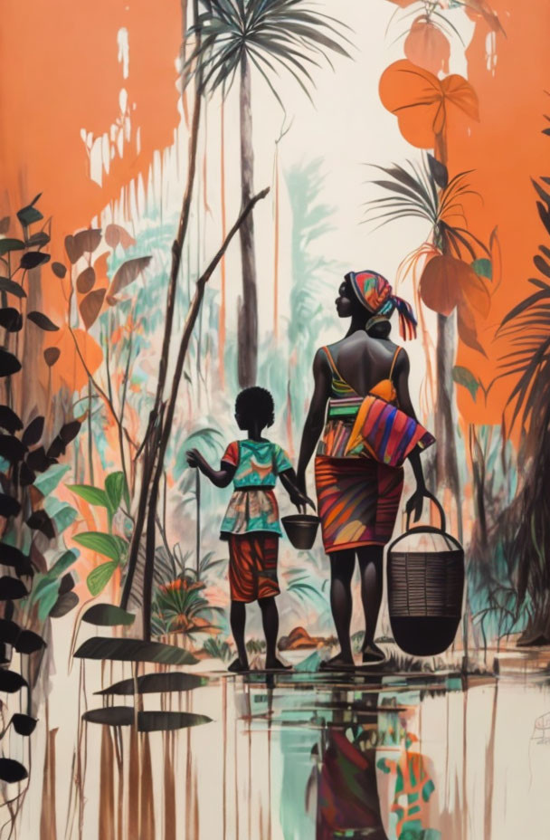 Mother and child walking in tropical setting with silhouetted trees and plants against orange backdrop