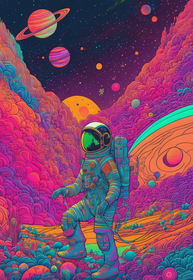 Colorful Astronaut in Alien Landscape with Planets and Stars