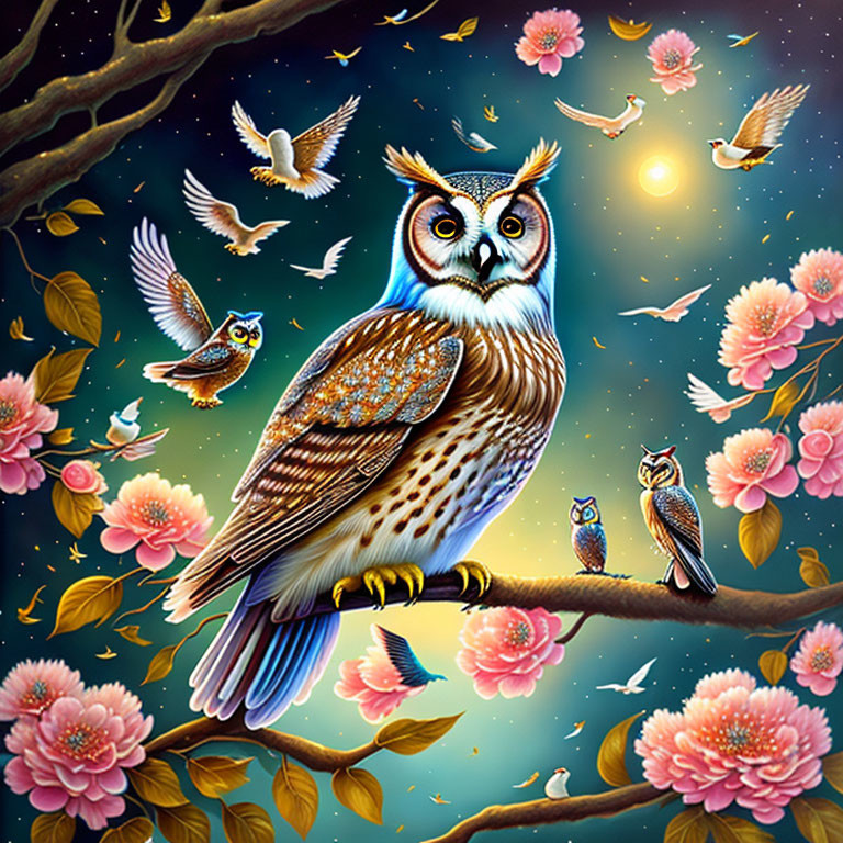 Detailed owl illustration on branch with birds and flowers under moonlit sky