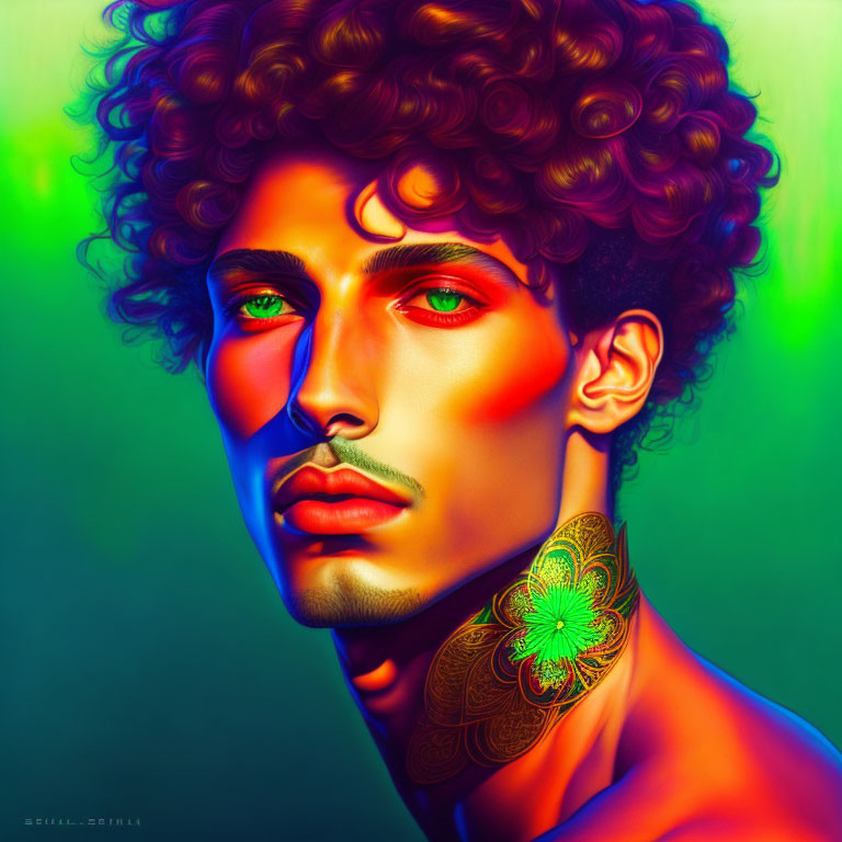 Colorful digital portrait: man with curly hair, green eyes, floral neck tattoo