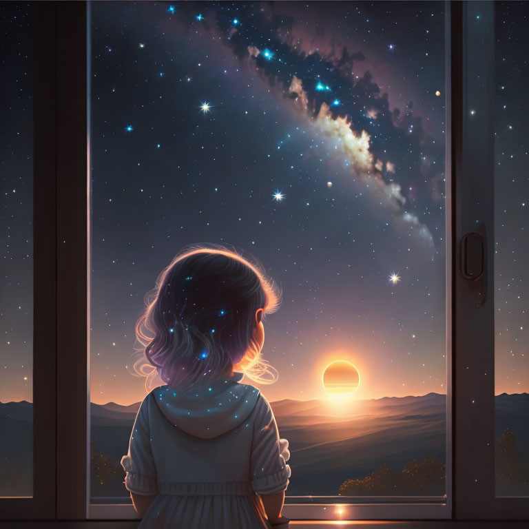 Young girl looking at starry sky through window with galaxy and warm sunset glow