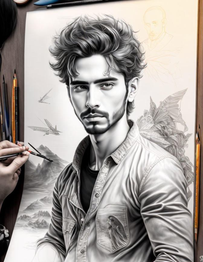 Detailed hyper-realistic drawing of a man with textured hair and intense gaze being created by an artist's