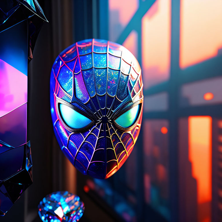 Detailed Spider-Man mask with shiny web pattern on blurred background.