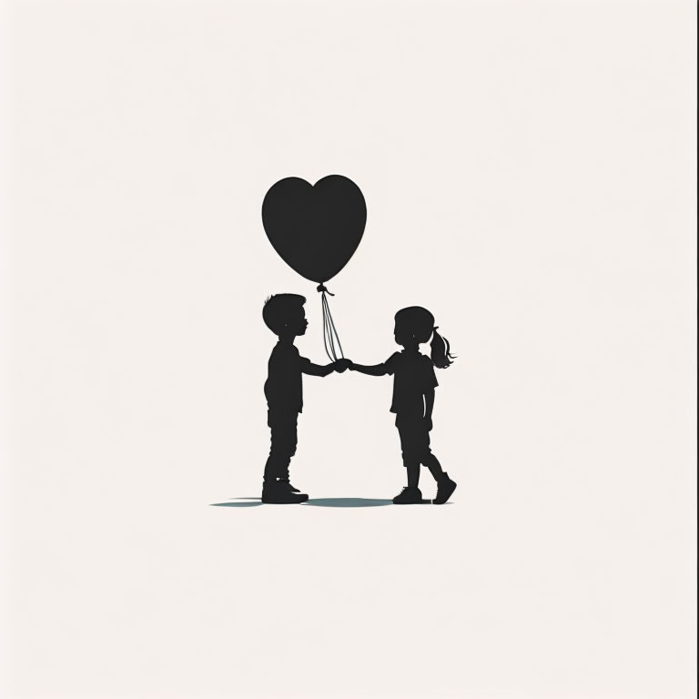 Silhouetted children holding hands with heart-shaped balloon