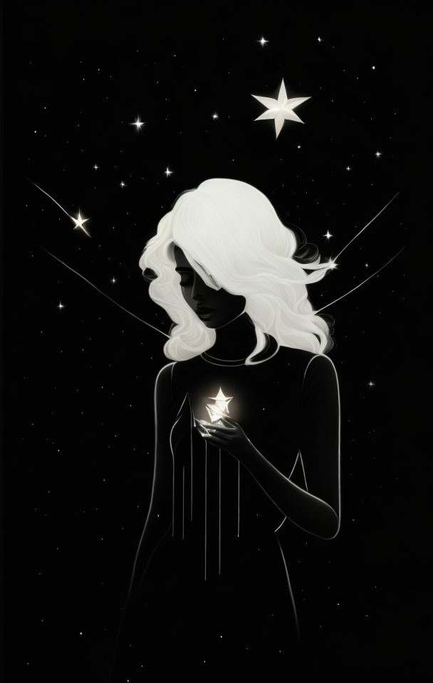 Woman's Silhouette Holding Bright Star Against Starry Sky