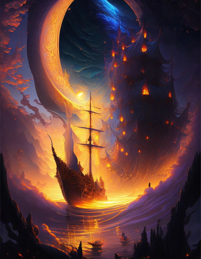 Sailboat on serene sea with warm sunset, cosmic swirl, and giant moon