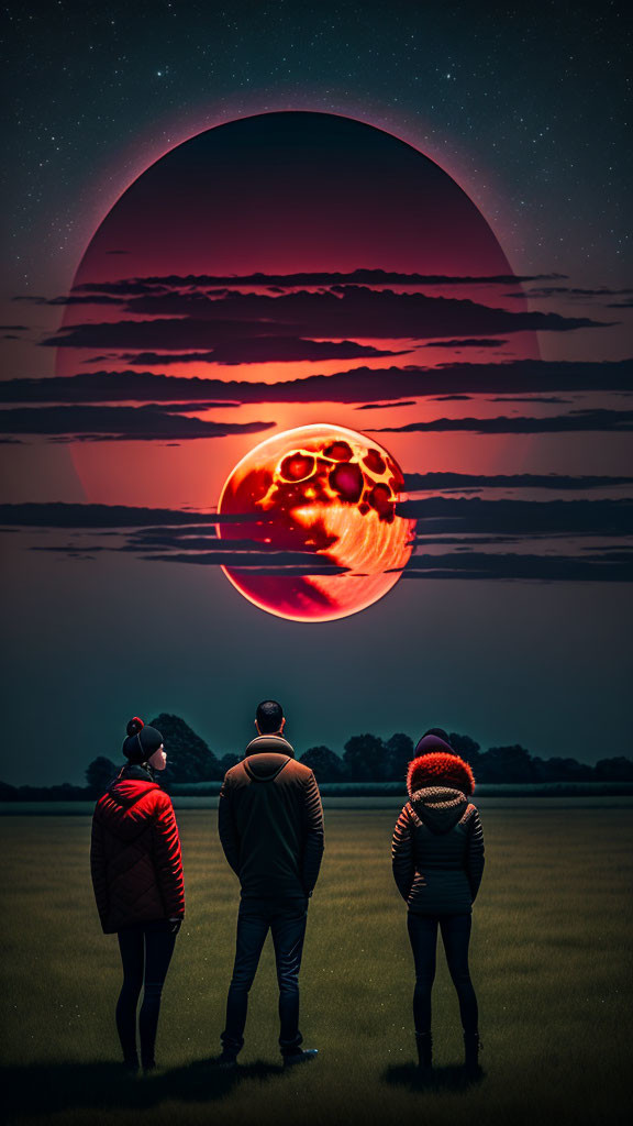 Three People in Jackets Watching Red Moonrise on Cloudy Sky