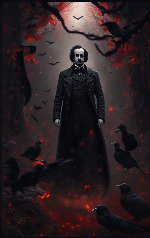 Gothic man with mustache in Victorian attire, crows, bats on red-black background