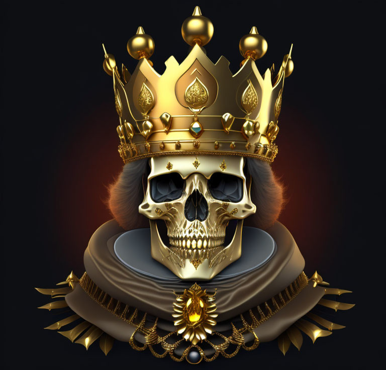 Golden Crowned Skull with Jewels and Ornate Decorations on Dark Background