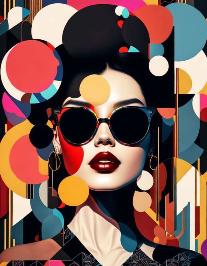 Stylized portrait of a woman with red lips and sunglasses on vibrant geometric background