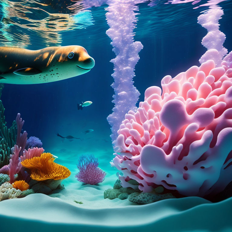 Colorful underwater scene with corals, fish, and bubbles in vibrant blue setting