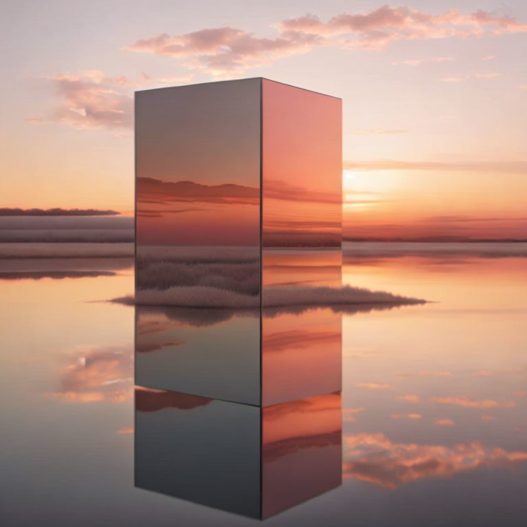 Reflective monolith on mirrored surface with pastel-hued sunset and clouds reflected.