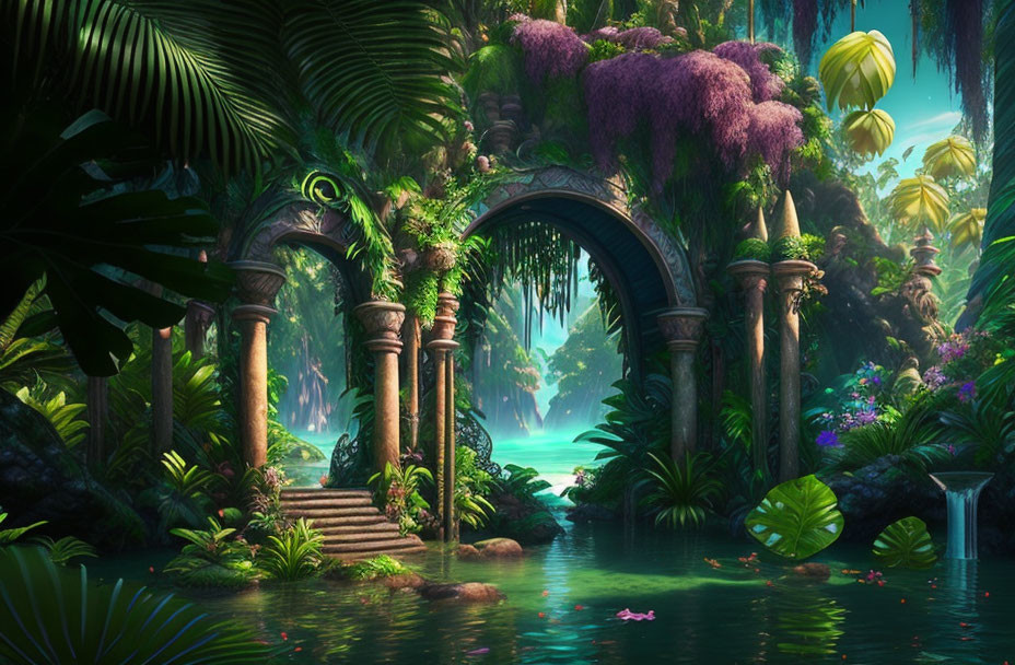 Lush Greenery, Ancient Archway, Vibrant Flora in Mystical Jungle