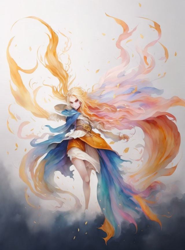 Blonde girl in fantasy attire surrounded by vibrant colors and wings