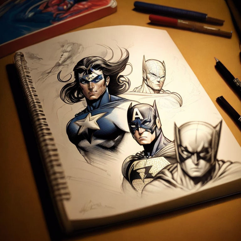 Detailed superhero character sketches in colored pens on notebook.