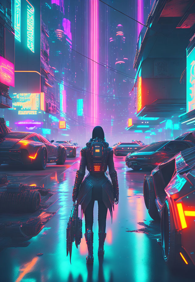 Person in Vibrant Cyberpunk Cityscape at Night