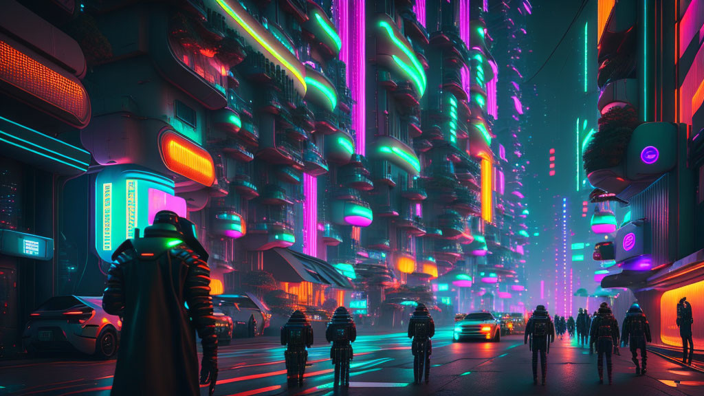 Futuristic city street at night with vibrant neon lights, silhouettes of people, sleek cars