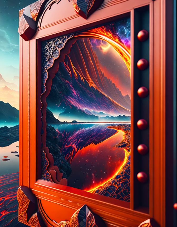 Surreal lava-filled landscape in ornate frame: river flowing through mountains under twilight sky